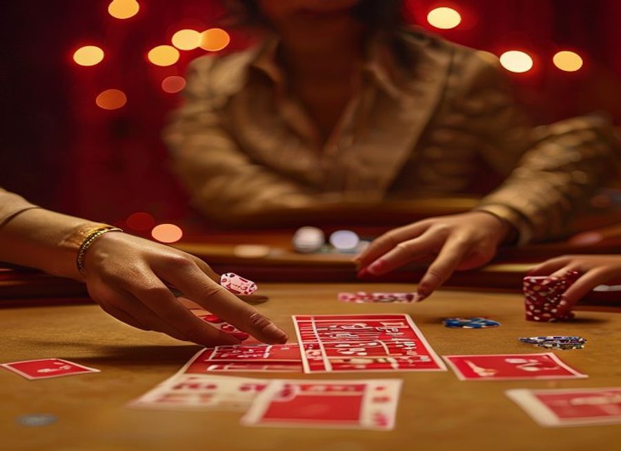 Live dealer at Dash Rummy Casino with cards, chips and warm gold lighting